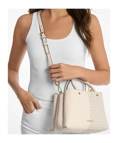 Michael Kors Flora Medium Signature Logo And Leather Satchel In White
