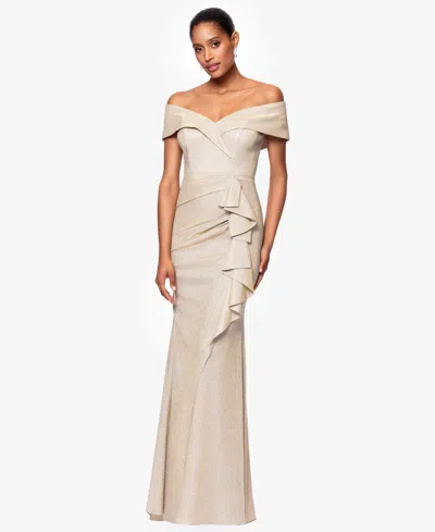 Xscape Women's Metallic Off-the-shoulder Ruffled Gown In Gray