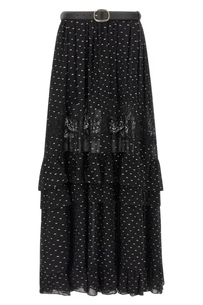 Self-portrait Lace-trimmed Polka-dot Chiffon Maxi Skirt In Black