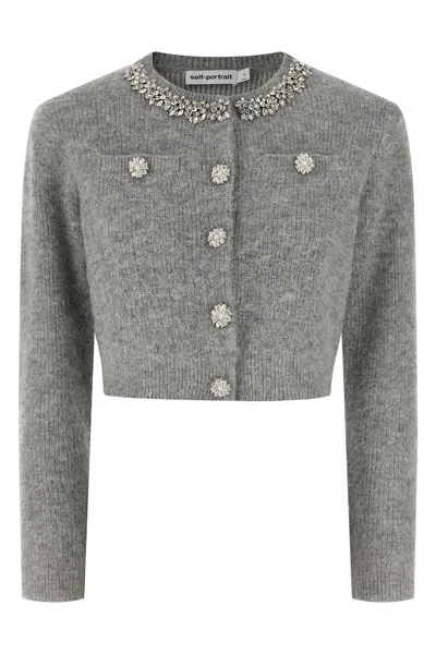 Self-portrait Grey Fluffy Crystal Trim Cardigan In Multi