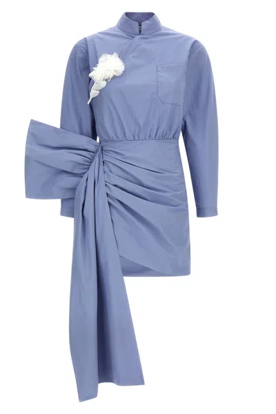 Self-portrait Blue Cotton Tie Side Mini Dresses Light Blue In Blue