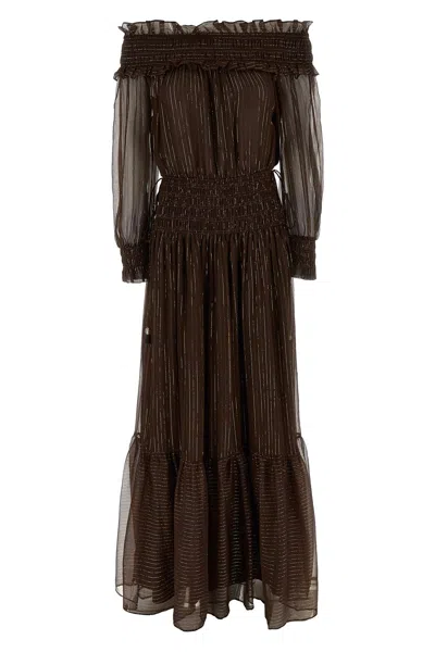 Self-portrait Brown Georgette Off Shoulder Maxi Dresses Brown In Multi