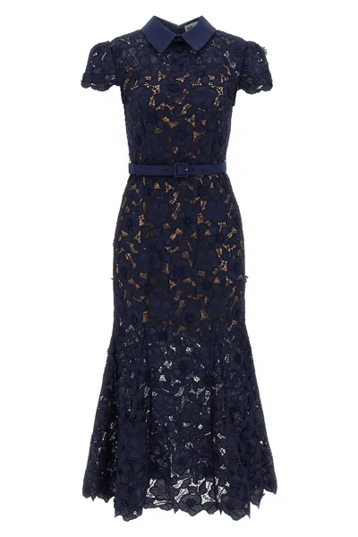 Self-portrait Navy Guipure Lace Midi Dress In Blue