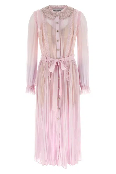Self-portrait Pink Pleated Georgette Midi Dresses Pink In Multi