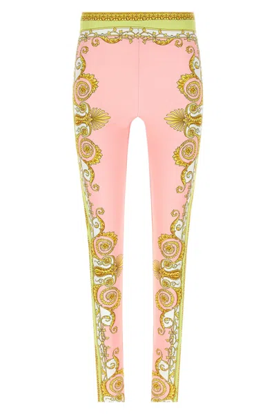 Versace Barocco Stretch Leggings Slim Cut Waistband In Pink
