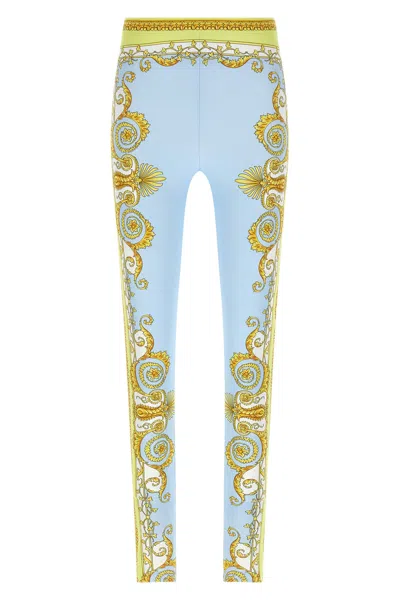 Versace Blue Leggings With All-over Geometric Print In Stretch Fabric Woman In Blue