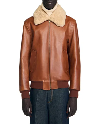 Sandro Shearling Collar Leather Jacket In Brown