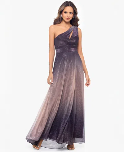 Betsy & Adam "nicoletta" Long Ombre Crinkle Metallic One Shoulder Dress In Purple