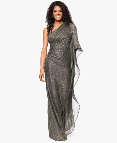 Betsy & Adam Plus One Shoulder Metallic Gown In Gray
