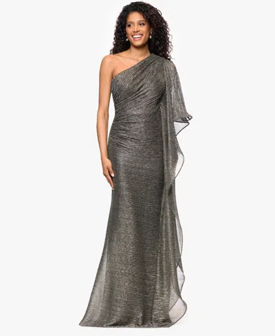 Betsy & Adam Plus One Shoulder Metallic Gown In Gray