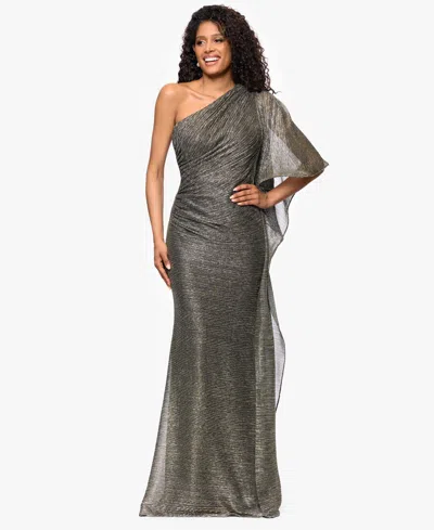 Betsy & Adam Plus One Shoulder Metallic Gown In Gray