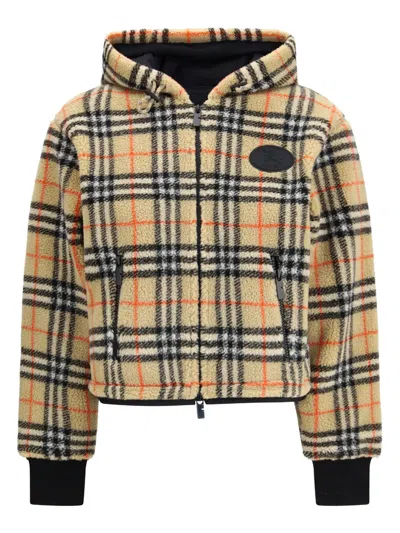 Burberry Women Cropped Hooded Check Fleece Jacket In Neutral
