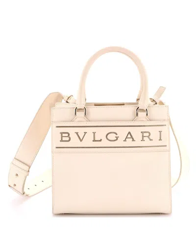 Pre-owned Pre-owned Bvlgari  Bvlgari Small Logo Convertible Tote Embroidered Leather In White