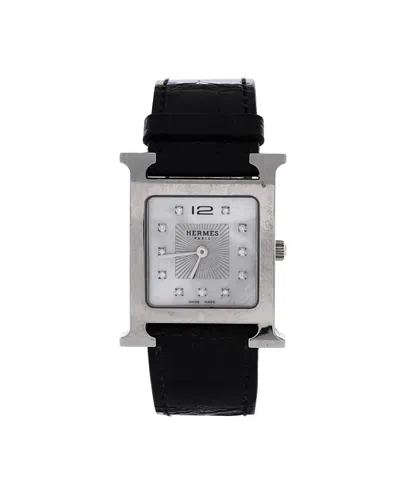 Pre-owned Pre-owned Hermes  Hermes Heure H Quartz Watch In Stainless Steel And Alligator With Diamond Markers And Moth In Silver