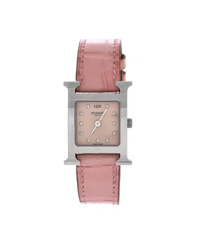 Pre-owned Pre-owned Hermes  Hermes Heure H Quartz Watch In Stainless Steel And Alligator With Diamond Markers And Moth In Pink