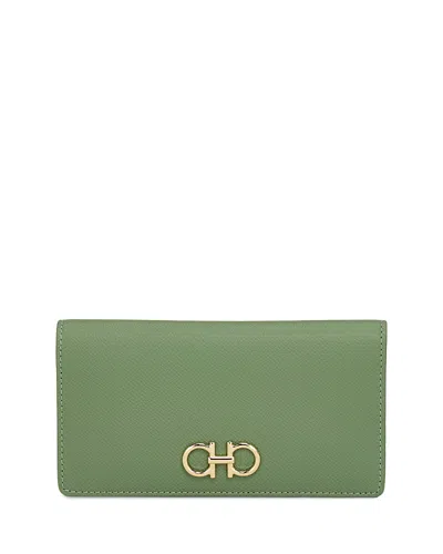 Ferragamo Gancini Continental Wallet In Hammered Leather In Green