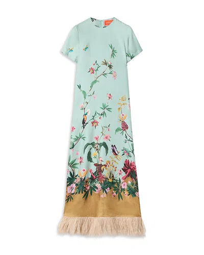 La Doublej Swing Feather-trimmed Printed Silk-twill Maxi Dress In Green