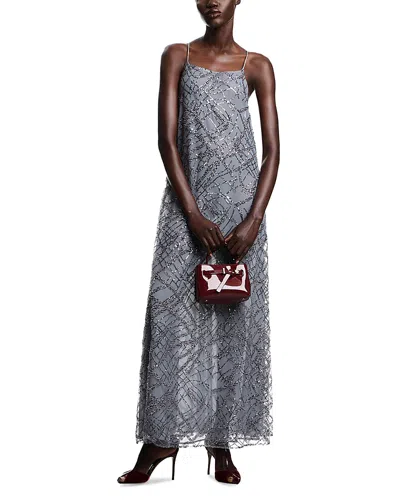Emporio Armani Long Tulle Dress With All-over Micro-sequin And Jet Embroidery In Gray