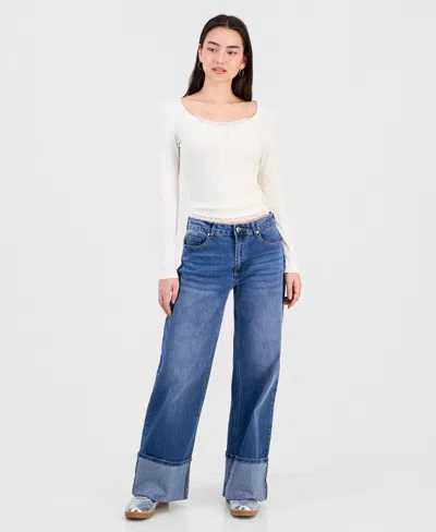 Madden Girl Juniors' Rhinestone-cuff Wide-leg Jeans In Blue