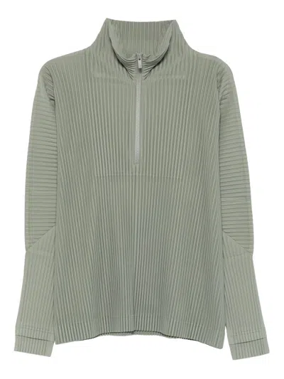 Issey Miyake Homme Plisse'  Pleated Half-zip Sweater In Green