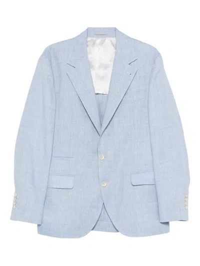 Brunello Cucinelli Linen And Wool Chevron Blazer Light Blue In White