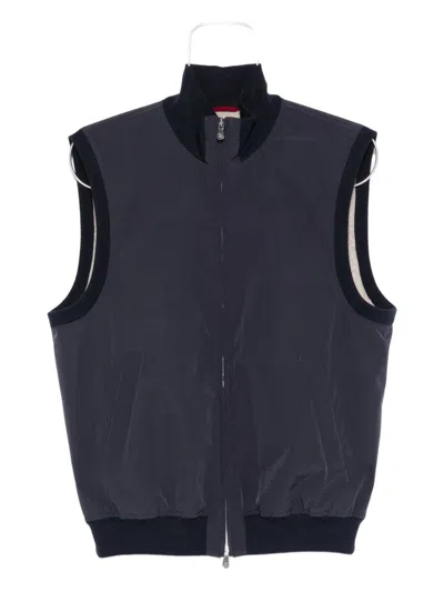Brunello Cucinelli High Collar Sleeveless Down Vest With Pockets In Blue