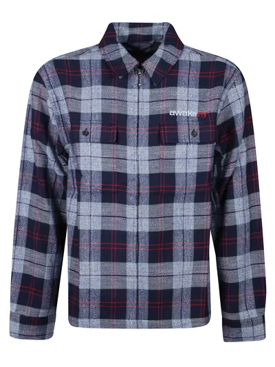 Awake Ny Overshirt Flannel Zip Shirt In Blue