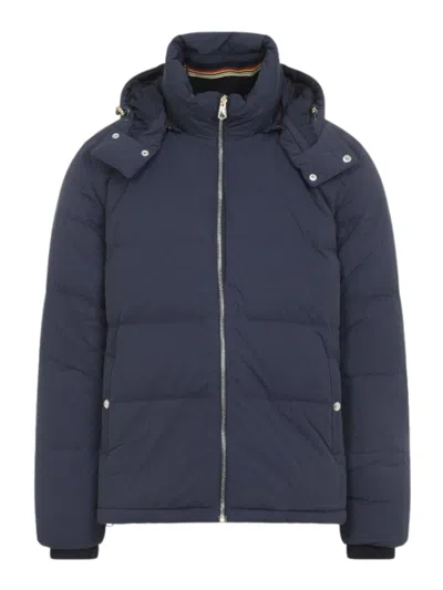 Paul Smith Padded Brown Polyamide Jacket With Detachable Hood And Ribbed Cuffs In Blue