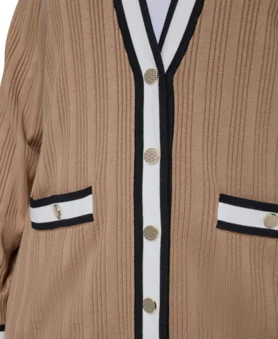 Karl Lagerfeld Plus Size V-neck Button Front Cardigan In Brown