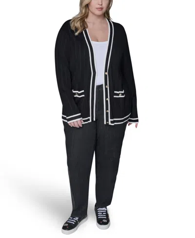 Karl Lagerfeld Plus Size V-neck Button Front Cardigan In Black