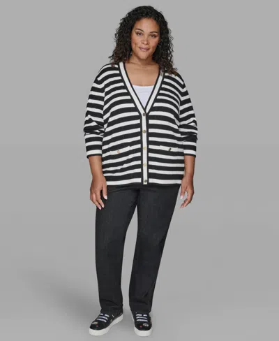 Karl Lagerfeld Plus Size V-neck Button Front Cardigan In Black