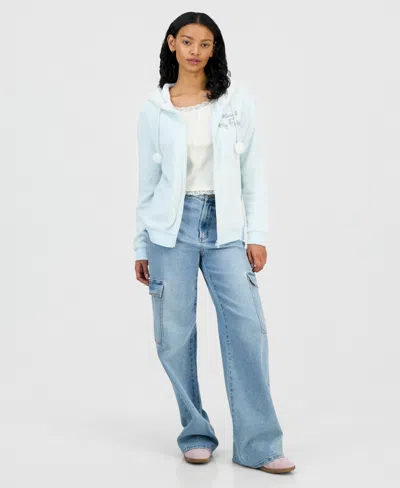 Love Tribe Juniors' Kuromi & My Melody Zip-front Faux Fur-lined Hoodie In Blue