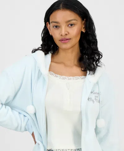 Love Tribe Juniors' Kuromi & My Melody Zip-front Faux Fur-lined Hoodie In Blue