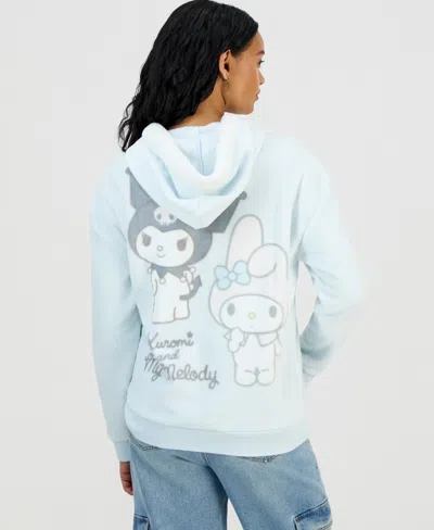 Love Tribe Juniors' Kuromi & My Melody Zip-front Faux Fur-lined Hoodie In Blue
