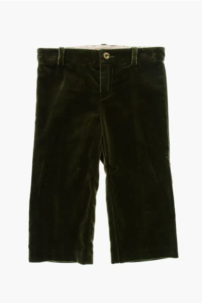 Gucci Solid Color Velvet Pants With Logoed Button In Green