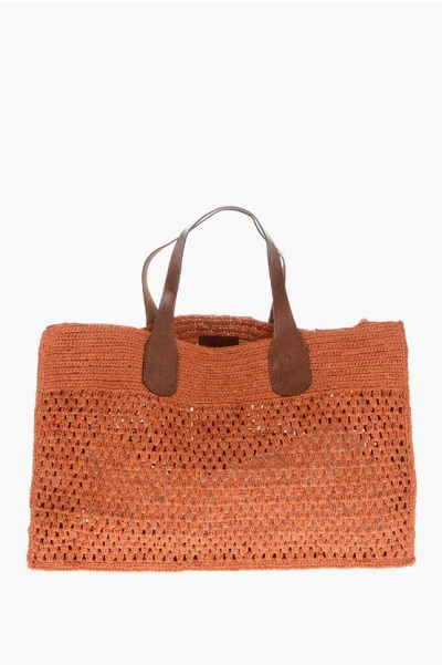 Ibeliv Raffia Havana Maxi Tote Bag With Leather Trims In Orange