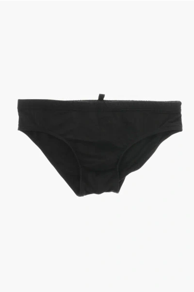 Dsquared2 Solid Color Swim Brief With Printed Maxi Logo In Black