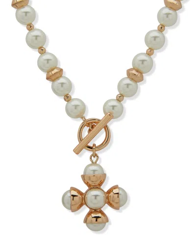 Anne Klein Glass And Acrylic Imitation Pearl Toggle Pendant Necklace In Gold