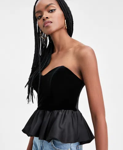Bar Iii Women's Velvet Peplum Corset Strapless Top, Macy's Exclusive In Black