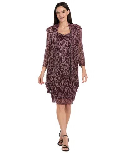 R & M Richards Women's 2-piece Printed Metallic Foil Swirl Jacket Dress In Burgundy