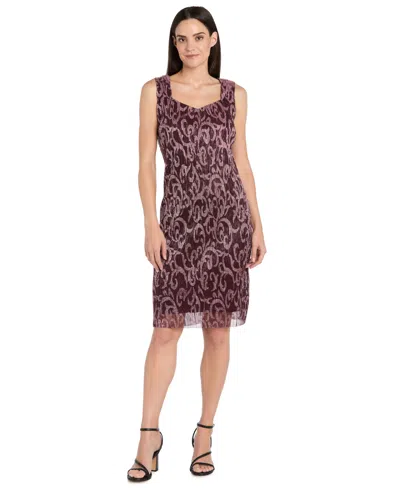 R & M Richards Women's 2-piece Printed Metallic Foil Swirl Jacket Dress In Burgundy