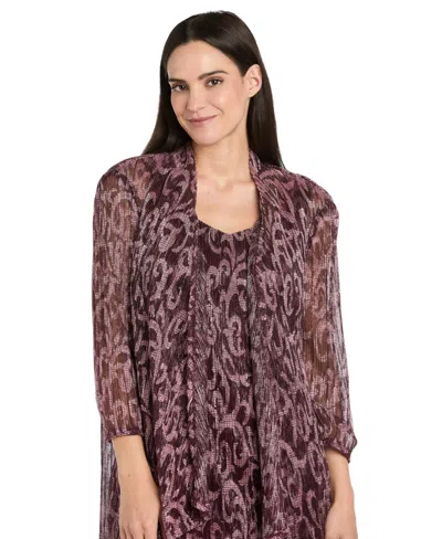 R & M Richards Women's 2-piece Printed Metallic Foil Swirl Jacket Dress In Burgundy