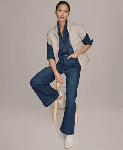 Donna Karan Weekend Donna Karen Weekend Womens Denim Shirt Wide Leg Jeans Cap Sleeve Puffer Jacket In Neutral