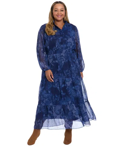 London Times Plus Size Printed Long Sleeve A-line Dress In Blue