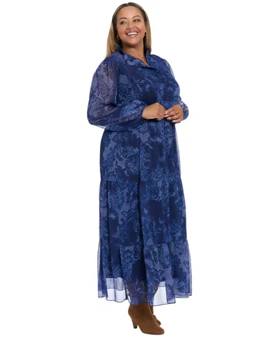 London Times Plus Size Printed Long Sleeve A-line Dress In Blue
