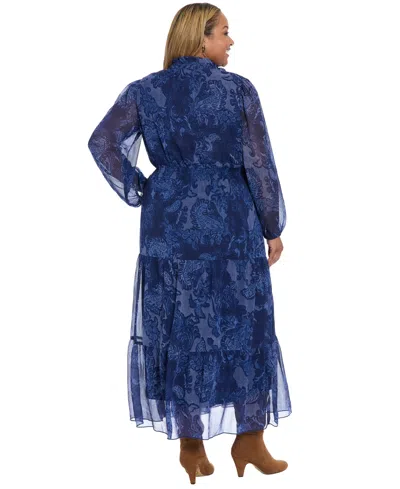 London Times Plus Size Printed Long Sleeve A-line Dress In Blue
