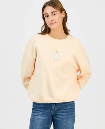 Just Polly Juniors' Long-sleeve Beaded Crewneck Sweatshirt In Yellow