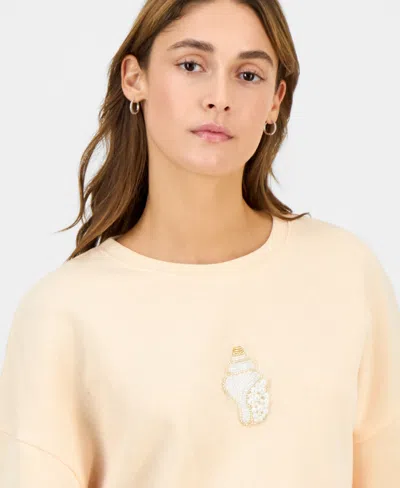 Just Polly Juniors' Long-sleeve Beaded Crewneck Sweatshirt In Yellow
