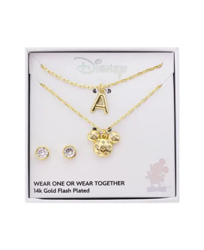 Disney Mickey Mouse Cubic Zirconia Initial Pendant Necklace And Earring Set In Gold