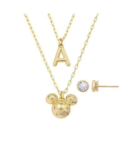 Disney Mickey Mouse Cubic Zirconia Initial Pendant Necklace And Earring Set In Gold